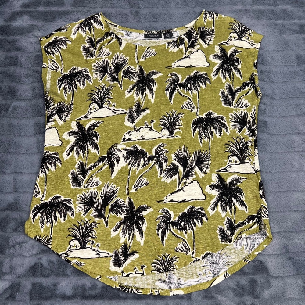Tahari Womens XL Green Linen Tropical Palm Tree Print Sleeveless Blouse Top